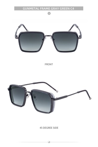 Front and side view of gunmetal square punk sunglasses with gray green lenses