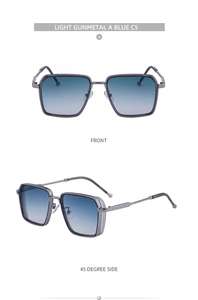 Front and side view of square metal sunglasses with light gunmetal frame and blue gradient lenses