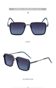 Detail of gunmetal square sunglasses with gray-blue gradient lenses and metal frame