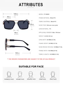 Detailed size chart for square frame sunglasses with frame width and lens dimensions