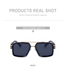 Front view of square sunglasses with gold metal double bridge and black frame details