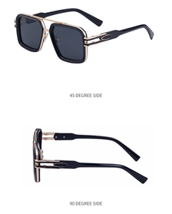Detail view of square sunglasses with black gold frames and stylish metal temple accents