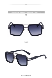 Detailed front and side views of gunmetal metal square sunglasses with gradient gray lenses