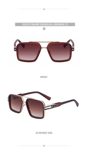 Detail of square gold frame sunglasses with gradual brown lenses and metal hinges