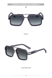 Detail view of gunmetal double bridge sunglasses with gray-green square gradient lenses