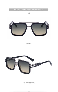 Front and 45-degree views of square silver metal sunglasses with a double bridge design
