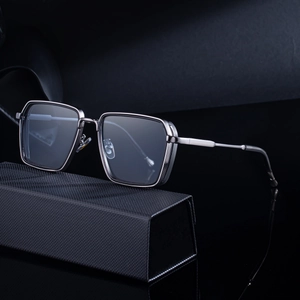 Retro punk square frame metal sunglasses with high-quality silver finish and clear lenses