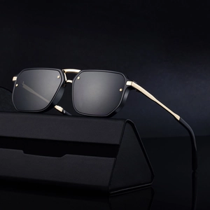 Classic square frame sunglasses for men with gold metal bridge and black folding case