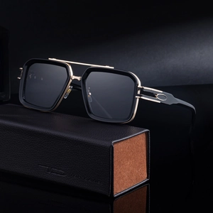 Retro square double bridge sunglasses with metal frames and a leather case on a reflective surface