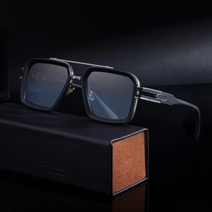 Square double-bridge sunglasses with gradient lenses and a leather folding case