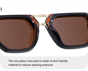 Detail of square sunglasses showing skin-friendly nose pads and reinforced metal bridge