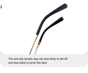 Detail of champagne gold metal glasses temples with black anti-slip tips and hinge