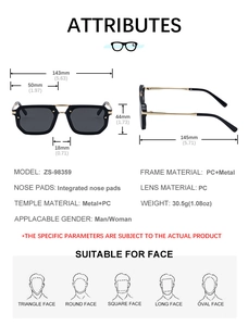 Detailed dimensions of square double-bridge sunglasses with PC and metal frame