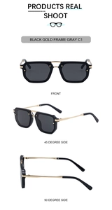Three views of square black gold sunglasses with gray lenses for men's outdoor driving