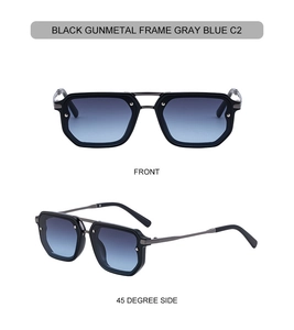 Front and side view of square sunglasses with black gunmetal frames and gray blue lenses