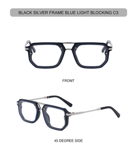 Front and 45-degree side view of polygon blue light blocking glasses in black silver