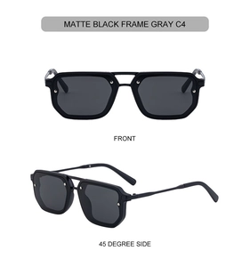 Front and 45-degree side views of square matte black sunglasses with double bridge details
