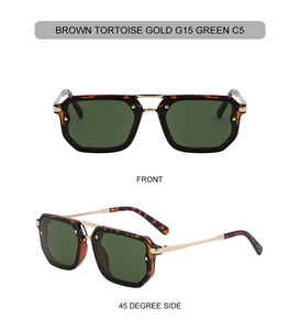 Front and 45-degree side view of tortoise square sunglasses with gold double bridge