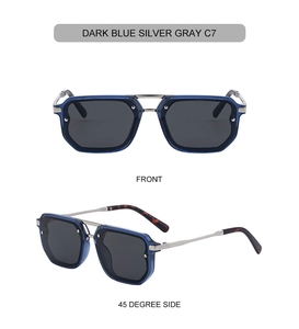 Front and side view of square dark blue sunglasses with silver metal double bridge frame