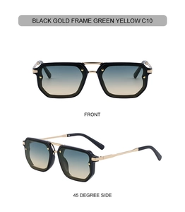 Detail view of square frame sunglasses with black gold metal bridge and green yellow lenses