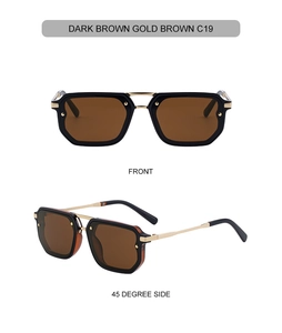 Detail view of square frame sunglasses with dark brown lenses and gold metal trim