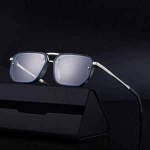 Black square frame sunglasses with silver metal bridge and matching foldable case