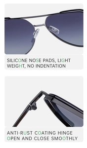 Detail of soft silicone nose pads and durable anti-rust metal hinges on pilot sunglasses