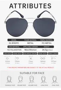Detailed size chart and technical specifications for aviator polarized sunglasses
