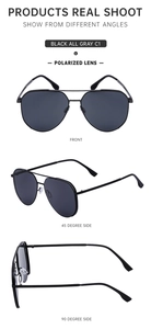 Three-view layout of pilot polarized sunglasses with black metal frame and gray lenses