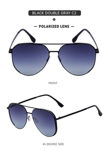 Front and side view of pilot sunglasses with black metal frame and polarized grey lenses