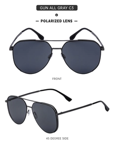 Macro view of polarized lenses and gunmetal frame of these pilot sunglasses