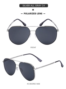 Silver metal aviator sunglasses with polarized gray lenses and dual bridge detail