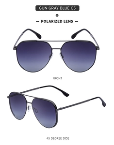 Front and side view of pilot polarized sunglasses with gunmetal frame and purple lenses