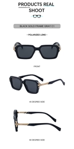 Detailansicht der quadratischen schwarz-goldenen Sonnenbrille mit polarisierten Gläsern