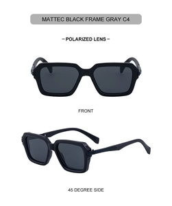 Detail der matt schwarzen eckigen Polarisations-Sonnenbrille mit grauen Gläsern