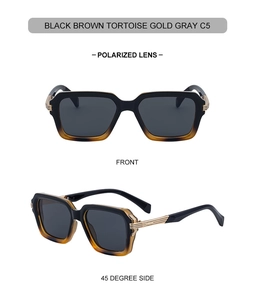 Details quadratischer Polarisations-Sonnenbrille mit Schildpatt-Rahmen und Goldakzenten