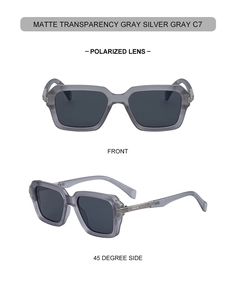 Detail der quadratischen Polarisations-Sonnenbrille mit matt transparentem grauem Rahmen