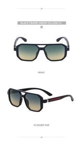 Détail de lunettes de soleil carrées noires à double pont et verres dégradés vert jaune