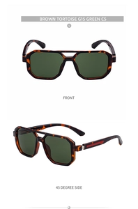 Détail de lunettes de soleil carrées écaillées avec double pont et rayure latérale