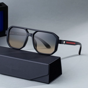 Lunettes de soleil rétro carrées pour hommes avec double pont et détails rouges sur branches