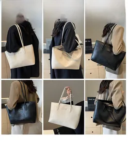Collage of model showcasing large ivory and black tote bags in various poses for daily use