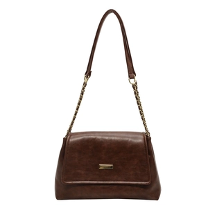 Retro dark brown crossbody bag with gold buckle and chain strap on white background
