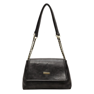 Classic black leather tote bag with gold metal hardware and chain strap on white background