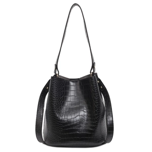 Women's black crocodile texture bucket bag with gold hardware and long strap