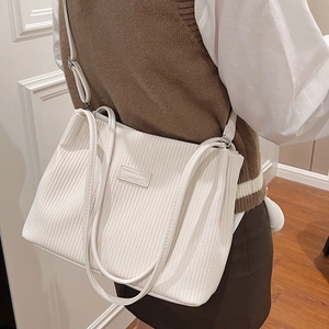 Large capacity cream white corduroy bucket tote bag with adjustable shoulder strap