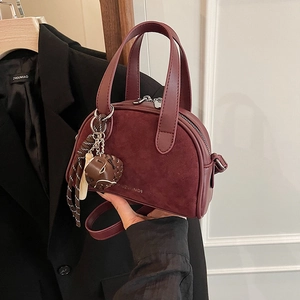 Vintage Mini Shoulder Bag Women PU Leather Suede Stitching Crossbody Handbag With Baseball Charm Retro Urban Style
