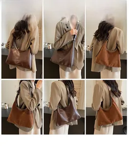 Multi-angle views of large retro tote bag in dark brown and tan faux leather