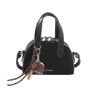 Retro black suede and leather mini bowling bag with creative baseball glove charm