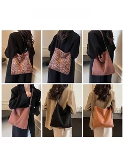 Collage of model wearing large suede tote bags in leopard print, brown, and black