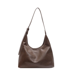 Deep brown leather hobo shoulder bag with adjustable strap and minimalist logo